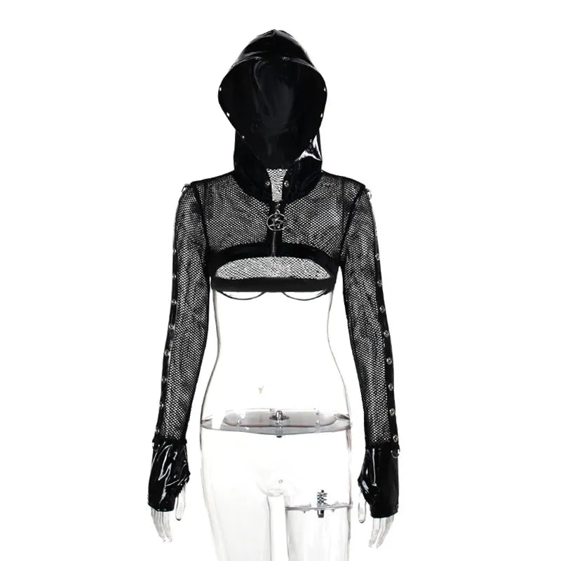 Gothic Grunge Fishnet Zip-Up Hooded Crop Jacket - black / S - Women’s Clothing & Accessories - Coats & Jackets - 7