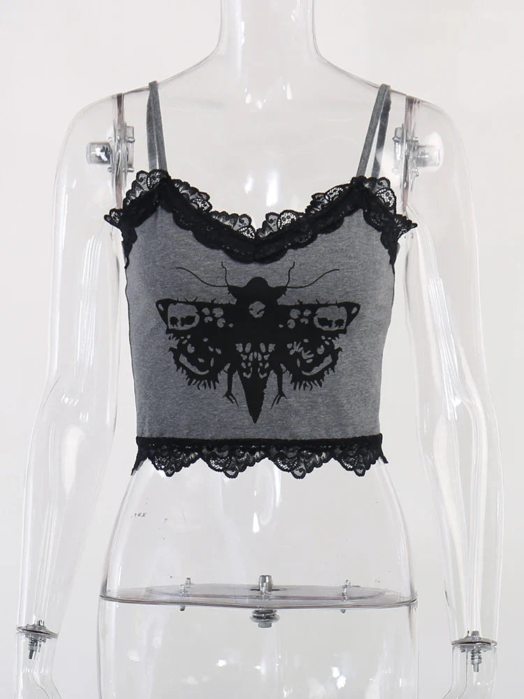 Gothic Moth Lace Cami – Dark Fantasy Cropped Tank with Lace Trim - Gray / L - Women’s Clothing & Accessories