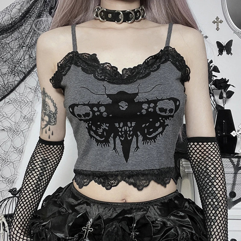 Gothic Moth Lace Cami – Dark Fantasy Cropped Tank with Lace Trim - Women’s Clothing & Accessories - Shirts & Tops