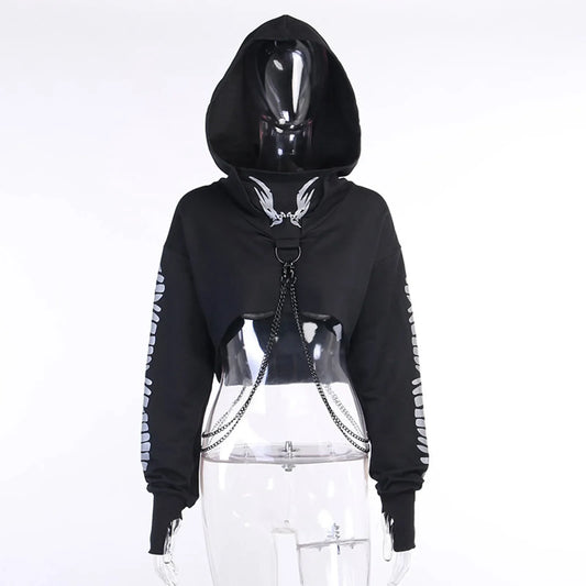 Gothic Reflective Print Crop Hoodie - Pullover with Detachable Chain - Women’s Clothing & Accessories - Shirts & Tops