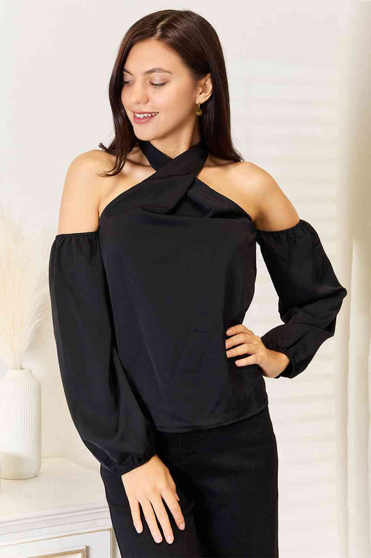 Grecian Cold Shoulder Long Sleeve Blouse - Black / S - Women’s Clothing & Accessories - Shirts & Tops - 1 - 2024