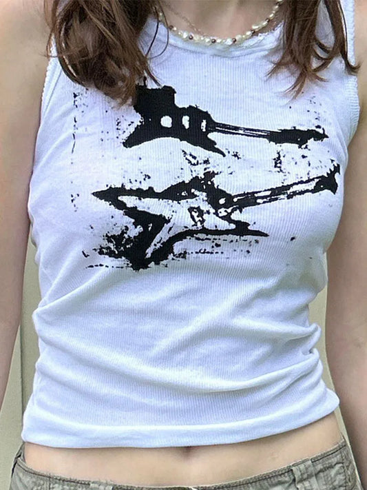 Guitar Print Tank Top - Ribbed Grunge Crop Top - Women’s Clothing & Accessories - Shirts & Tops - 2 - 2024