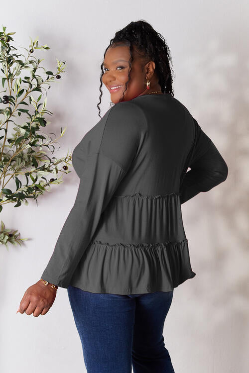 Half Button Long Sleeve Ruffle Hem Blouse - Women’s Clothing & Accessories - Shirts & Tops - 2 - 2024