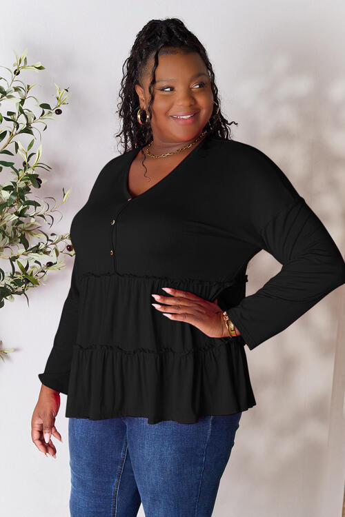 Half Button Long Sleeve Ruffle Hem Blouse - Black / S - Women’s Clothing & Accessories - Shirts & Tops - 19 - 2024