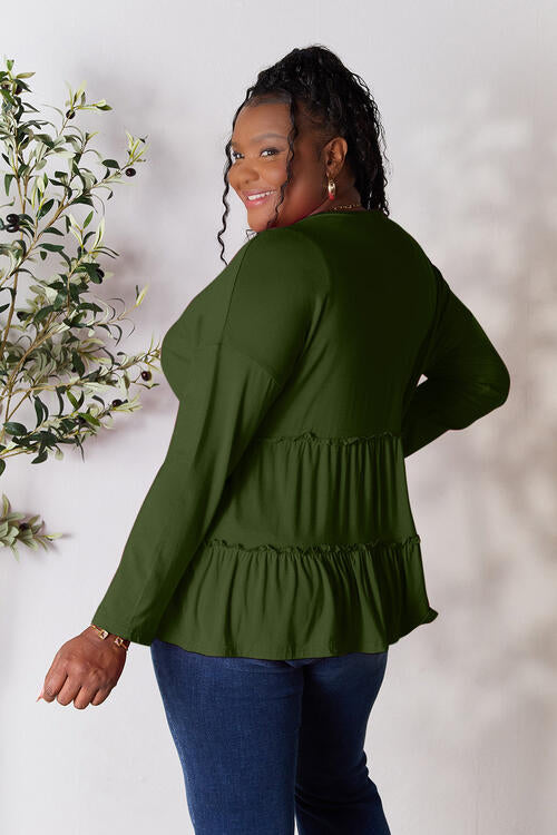 Half Button Long Sleeve Ruffle Hem Blouse - Women’s Clothing & Accessories - Shirts & Tops - 14 - 2024