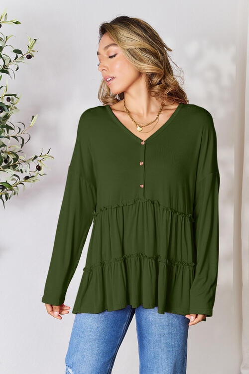 Half Button Long Sleeve Ruffle Hem Blouse - Army Green / S - Women’s Clothing & Accessories - Shirts & Tops - 16 - 2024