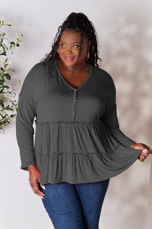 Half Button Long Sleeve Ruffle Hem Blouse - Charcoal / S - Women’s Clothing & Accessories - Shirts & Tops - 3 - 2024