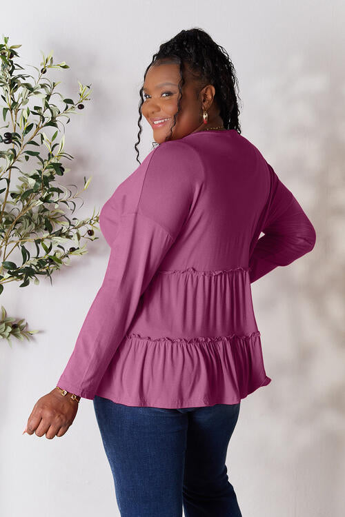 Half Button Long Sleeve Ruffle Hem Blouse - Women’s Clothing & Accessories - Shirts & Tops - 24 - 2024