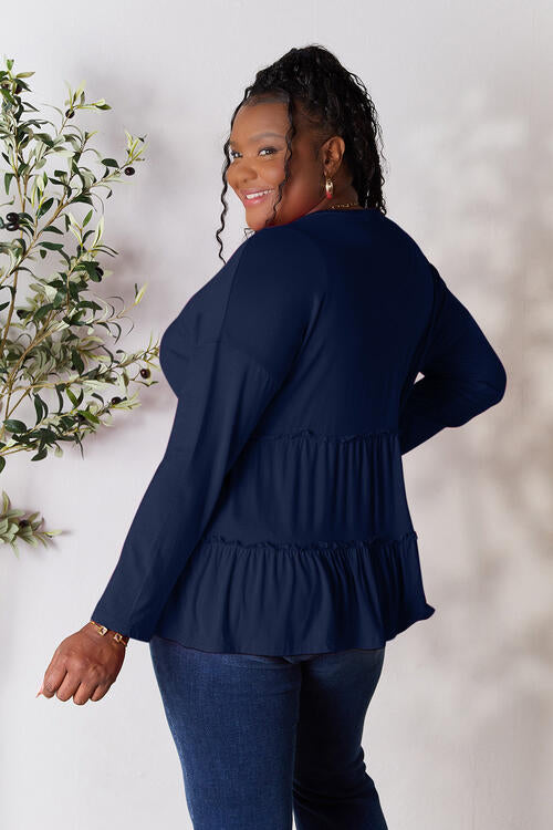 Half Button Long Sleeve Ruffle Hem Blouse - Women’s Clothing & Accessories - Shirts & Tops - 29 - 2024