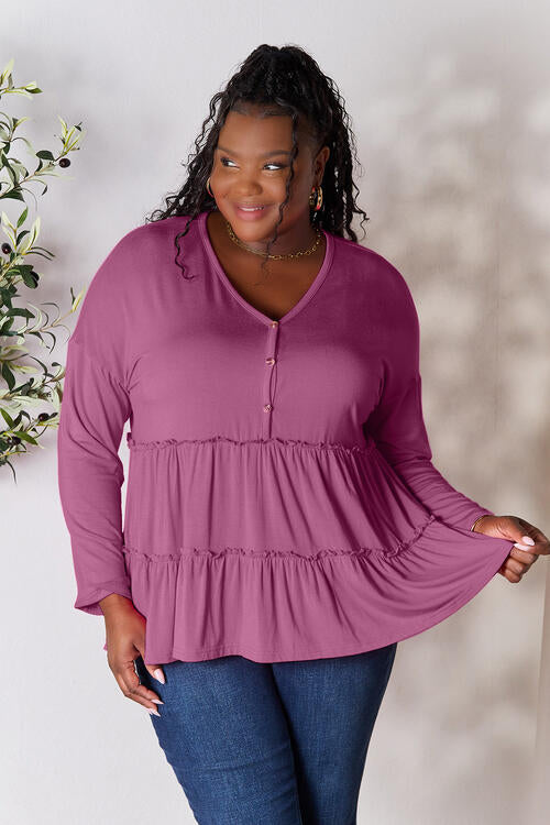 Half Button Long Sleeve Ruffle Hem Blouse - Women’s Clothing & Accessories - Shirts & Tops - 22 - 2024