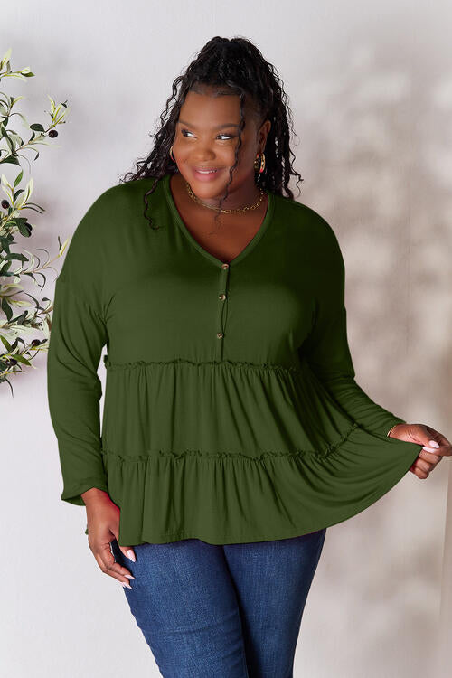 Half Button Long Sleeve Ruffle Hem Blouse - Women’s Clothing & Accessories - Shirts & Tops - 12 - 2024