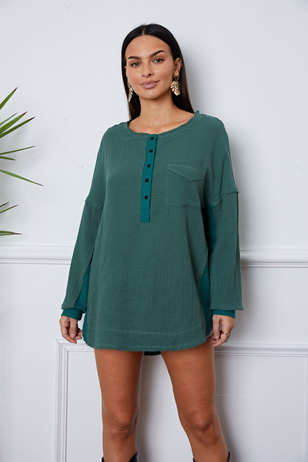 Half Button Up Round Neck Blouse - Dark Green / S - Women’s Clothing & Accessories - Shirts & Tops - 1 - 2024
