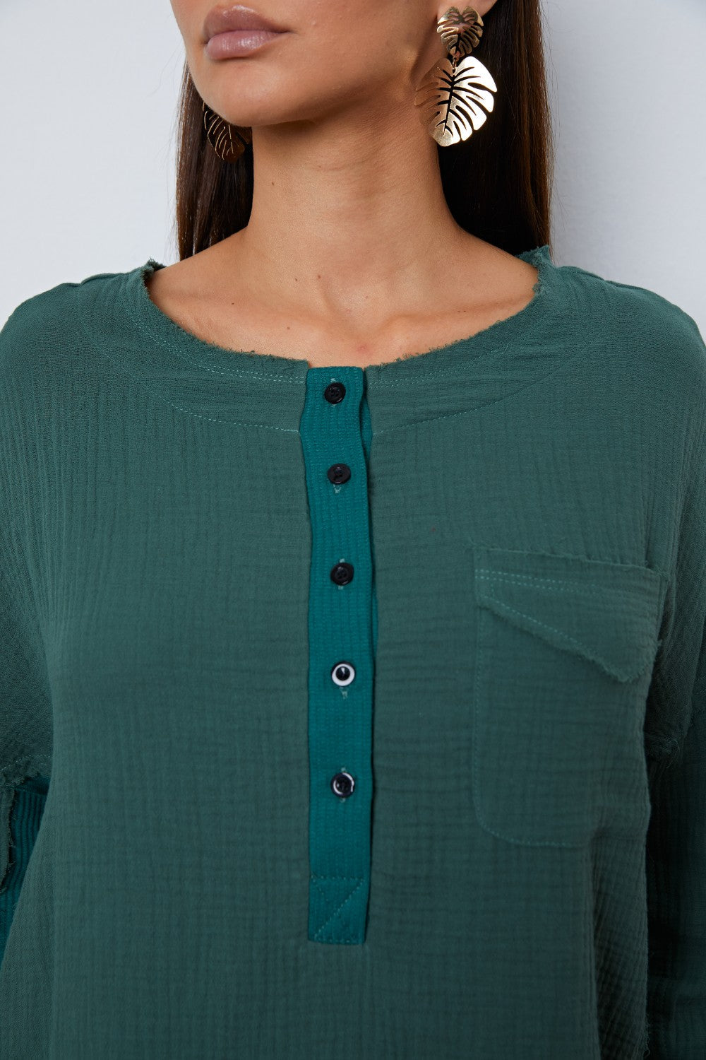 Half Button Up Round Neck Blouse - Women’s Clothing & Accessories - Shirts & Tops - 4 - 2024