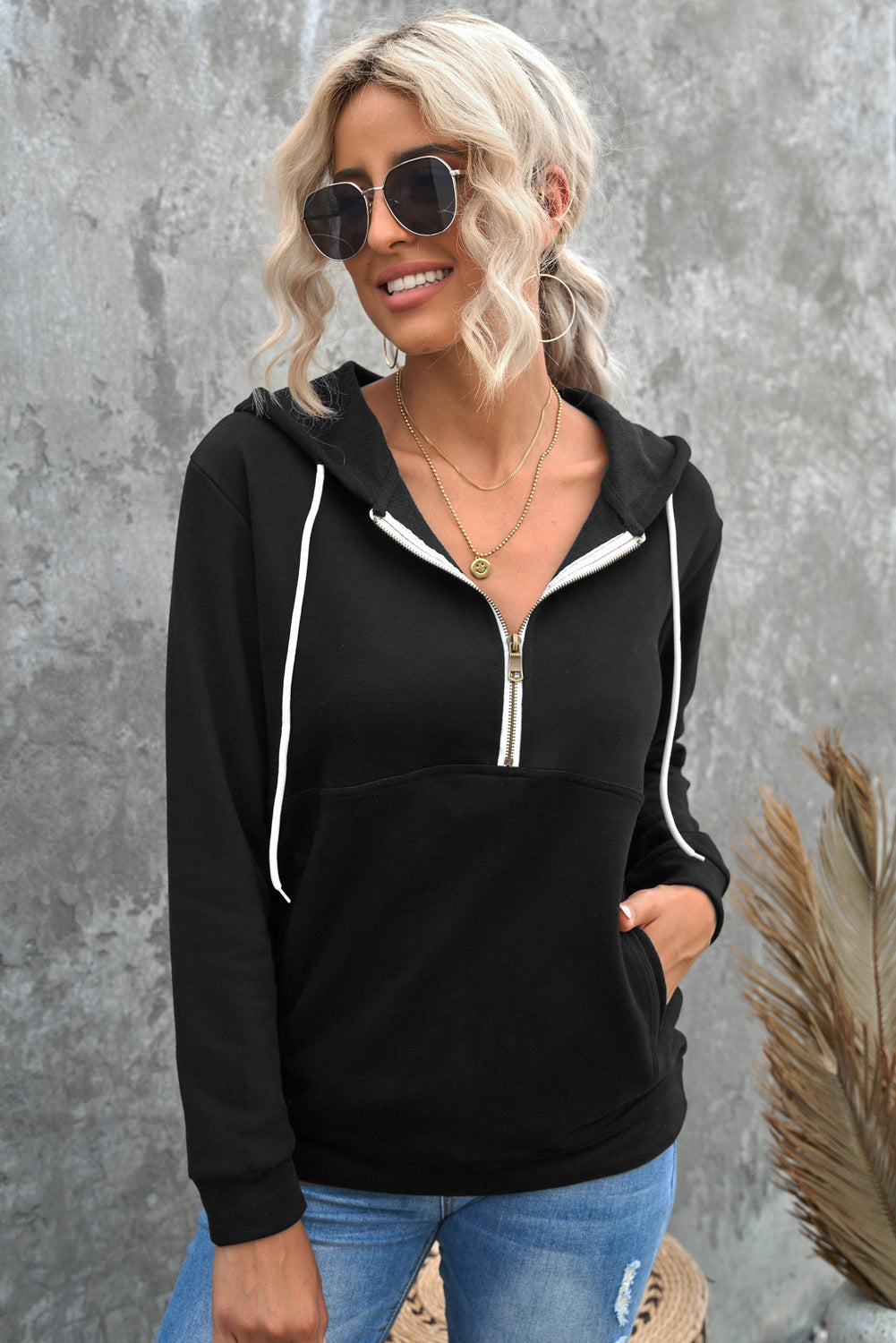 Half-Zip Drawstring Hoodie with Pockets - Black / S - Women’s Clothing & Accessories - Shirts & Tops - 5 - 2024