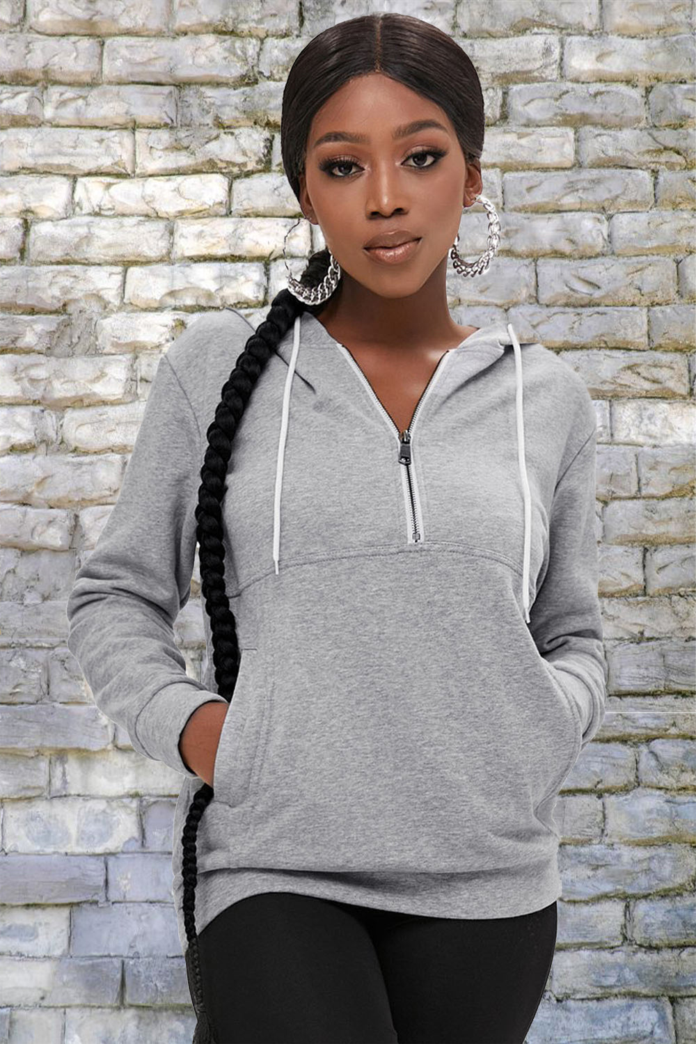 Half-Zip Drawstring Hoodie with Pockets - Gray / S - Women’s Clothing & Accessories - Shirts & Tops - 8 - 2024