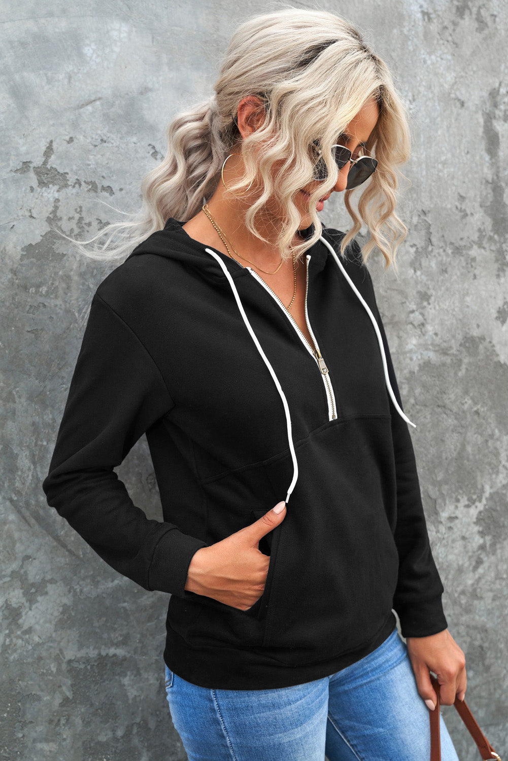 Half-Zip Drawstring Hoodie with Pockets - Women’s Clothing & Accessories - Shirts & Tops - 6 - 2024