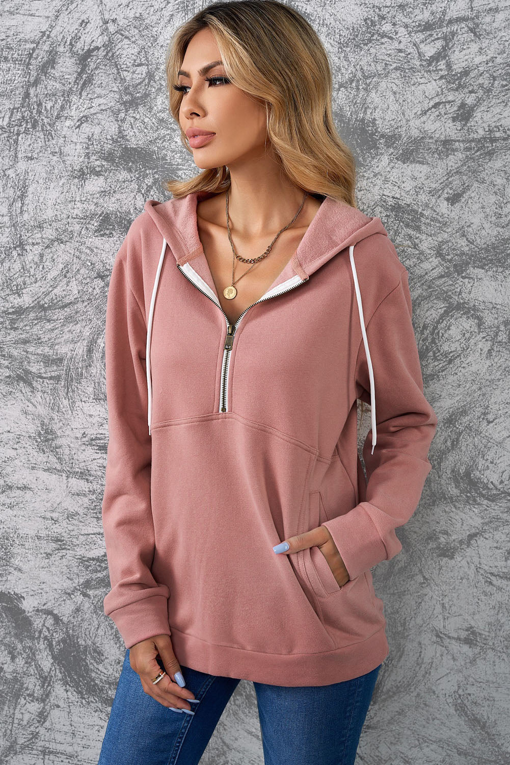 Half-Zip Drawstring Hoodie with Pockets - Pink / S - Women’s Clothing & Accessories - Shirts & Tops - 1 - 2024