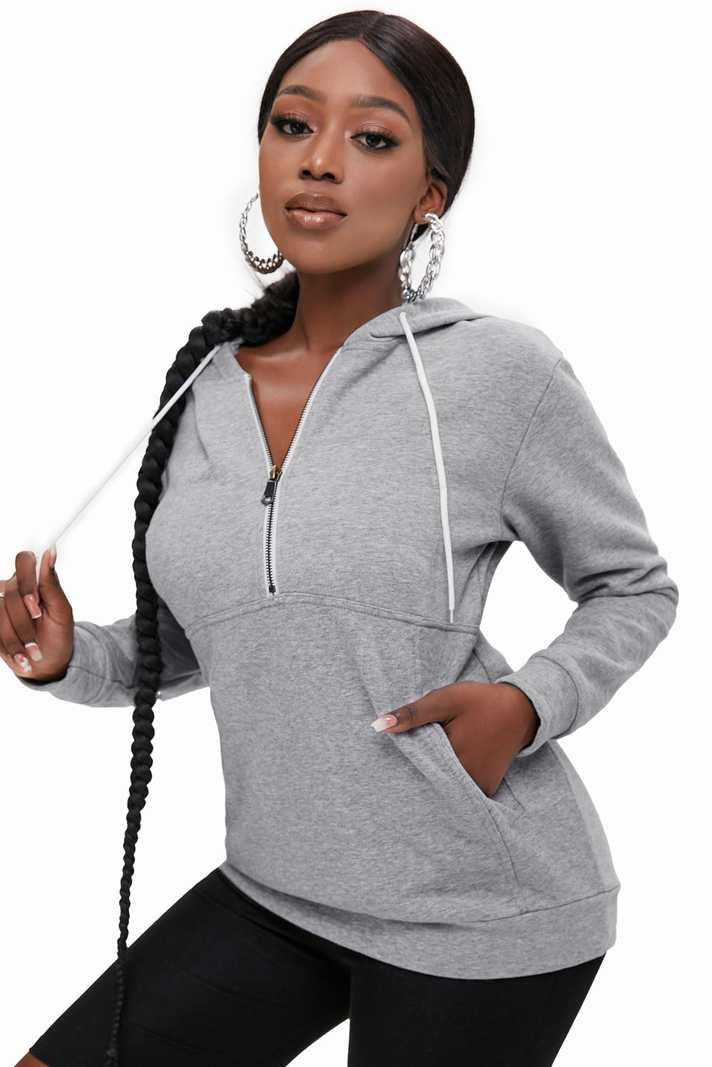 Half-Zip Drawstring Hoodie with Pockets - Women’s Clothing & Accessories - Shirts & Tops - 9 - 2024