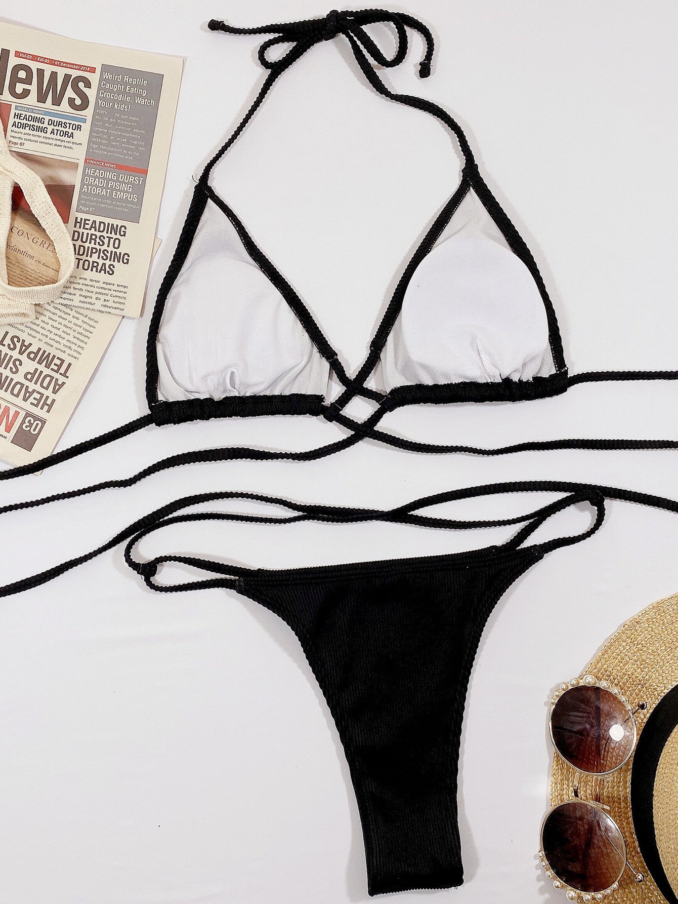 Halter Neck Crisscross Ribbed Bikini Set - Women’s Clothing & Accessories - Swimwear - 16 - 2024