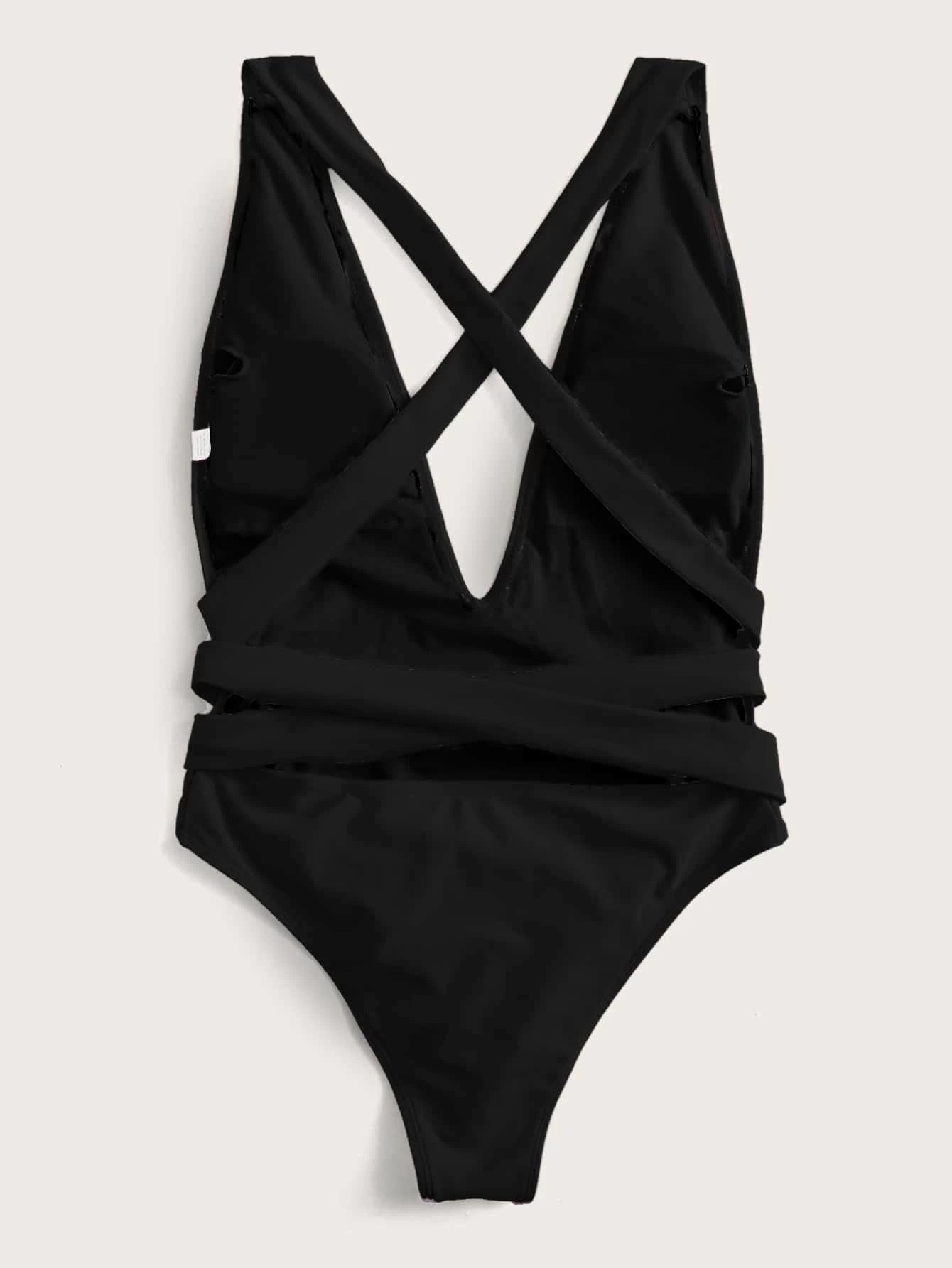 Halter Neck Deep V Tied One-Piece Swimsuit - Women’s Clothing & Accessories - Swimwear - 12 - 2024