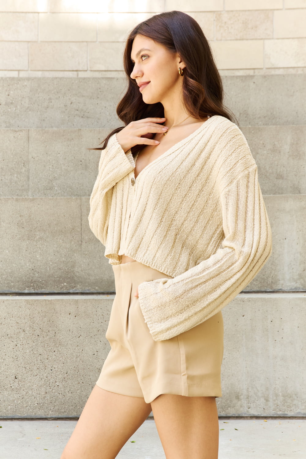 Hear Me Out Semi Cropped Ribbed Cardigan in Oatmeal - Women’s Clothing & Accessories - Shirts & Tops - 4 - 2024
