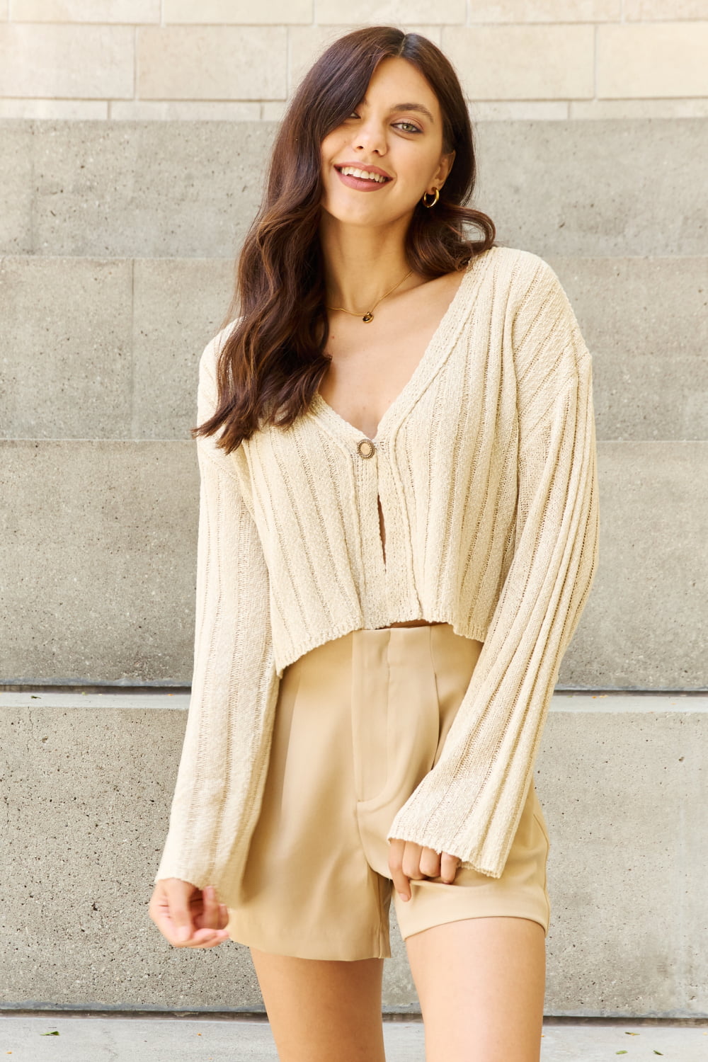 Hear Me Out Semi Cropped Ribbed Cardigan in Oatmeal - Women’s Clothing & Accessories - Shirts & Tops - 3 - 2024