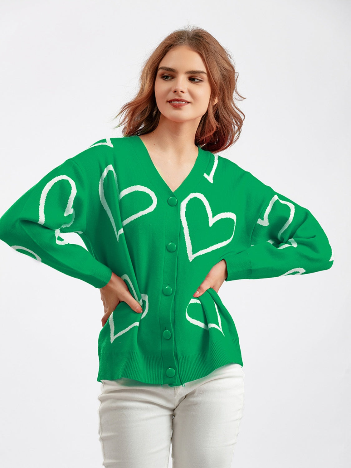 Heart Button Down Cardigan - Green / One Size - Women’s Clothing & Accessories - Shirts & Tops - 10 - 2024