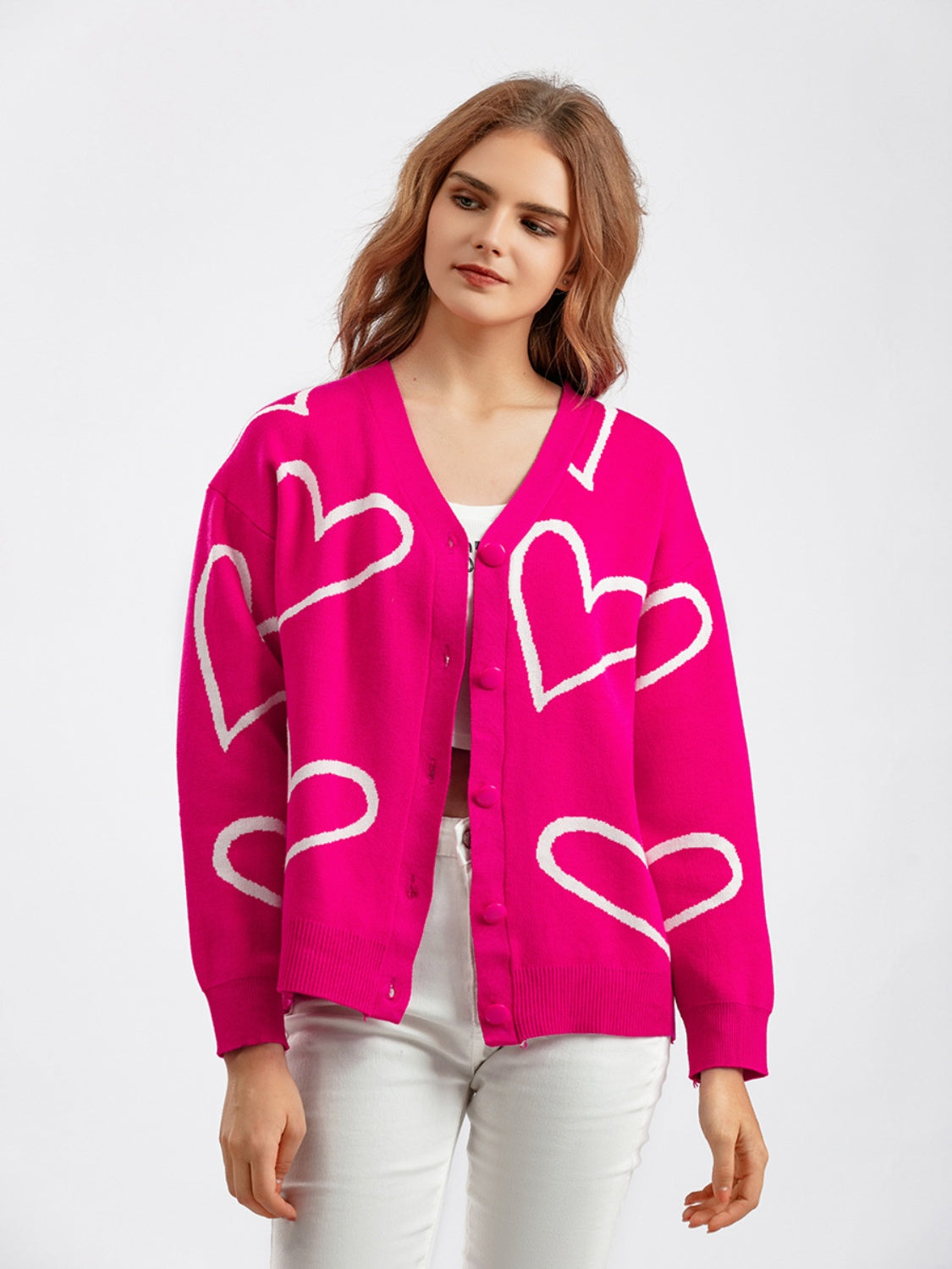 Heart Button Down Cardigan - Pink / One Size - Women’s Clothing & Accessories - Shirts & Tops - 1 - 2024