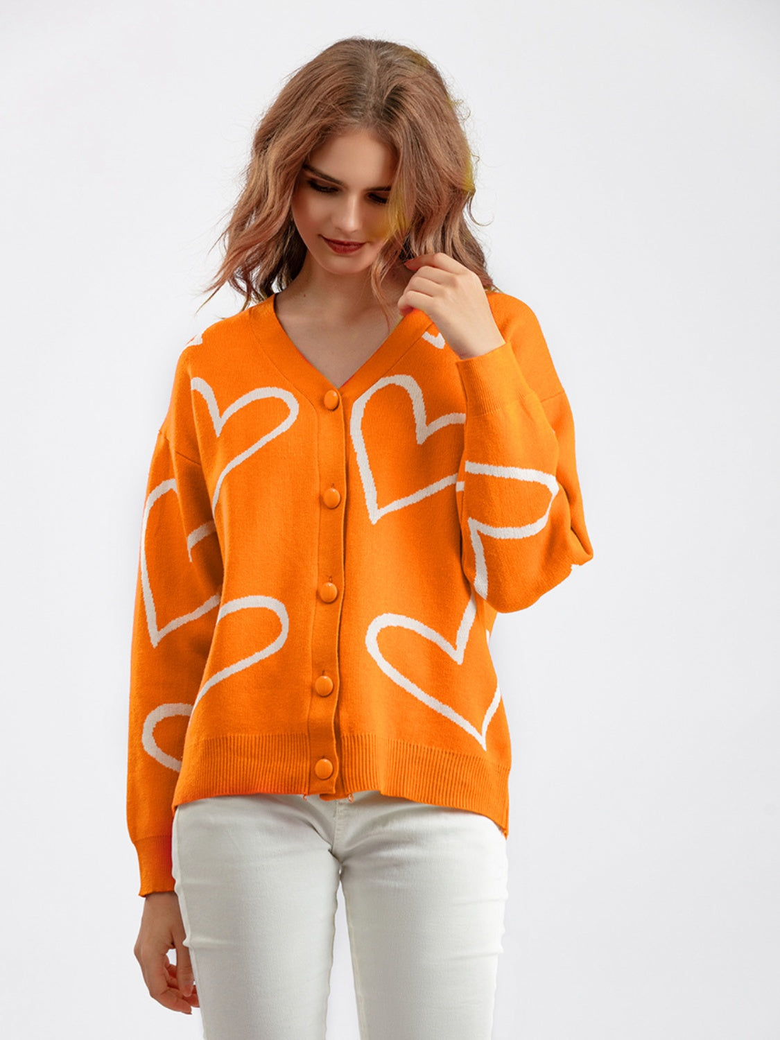 Heart Button Down Cardigan - Orange / One Size - Women’s Clothing & Accessories - Shirts & Tops - 7 - 2024