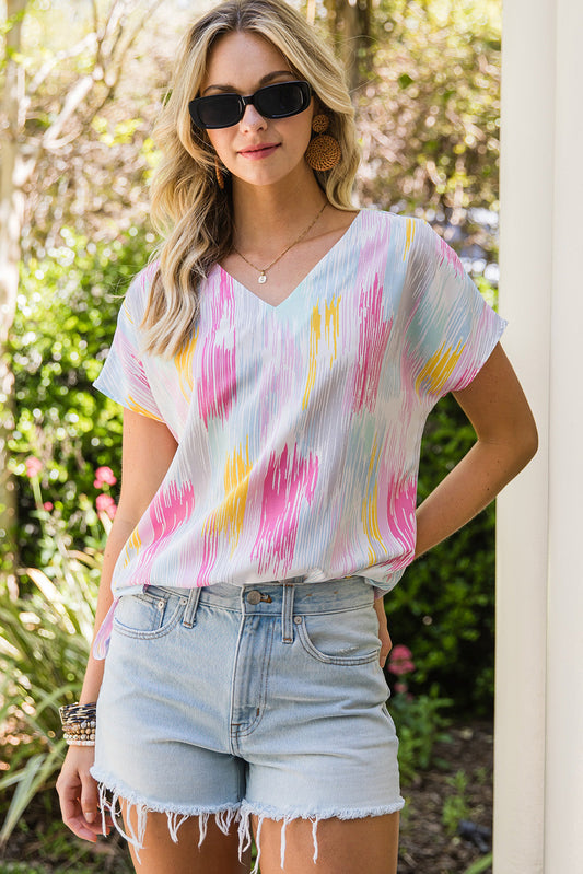 High-Low V-Neck Short Sleeve Blouse - Multicolor / S - Women’s Clothing & Accessories - Shirts & Tops - 1 - 2024