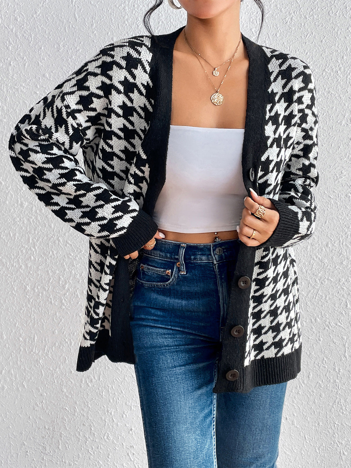 Houndstooth Button Down Cardigan - Black / S - Women’s Clothing & Accessories - Shirts & Tops - 1 - 2024