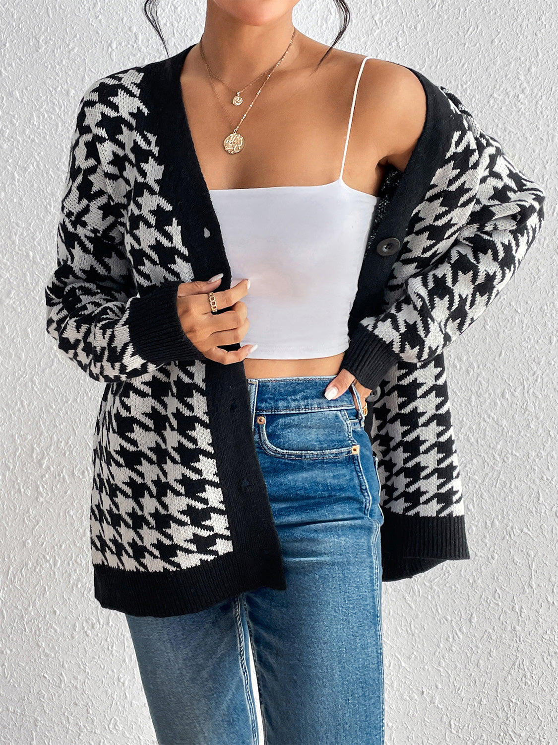 Houndstooth Button Down Cardigan - Women’s Clothing & Accessories - Shirts & Tops - 4 - 2024