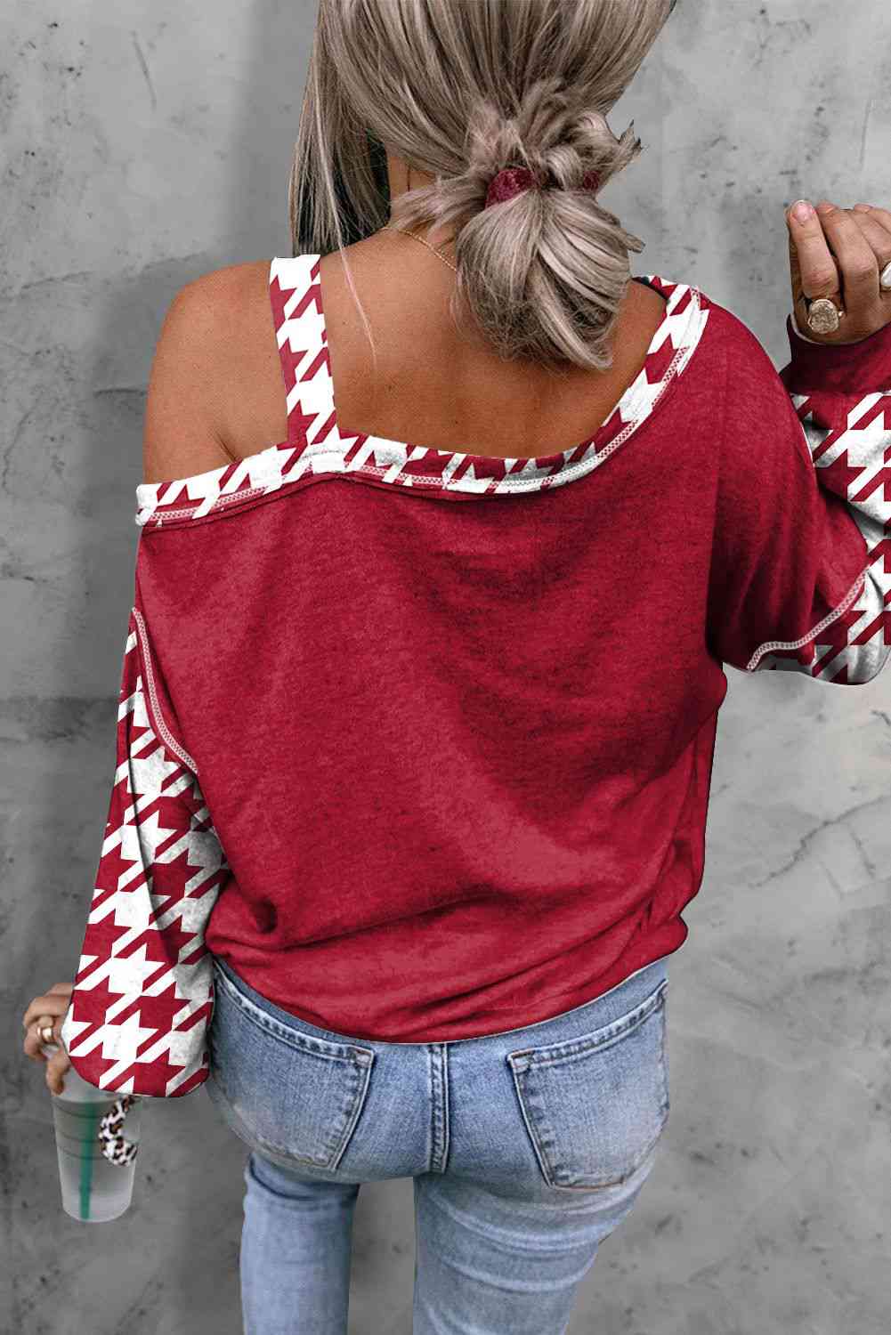 Houndstooth Long Sleeve Asymmetrical Neck Top - Women’s Clothing & Accessories - Shirts & Tops - 2 - 2024