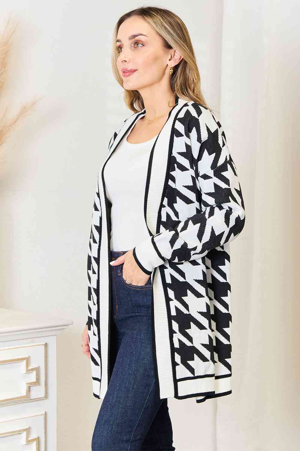 Houndstooth Open Front Longline Cardigan - Women’s Clothing & Accessories - Clothing - 3 - 2024