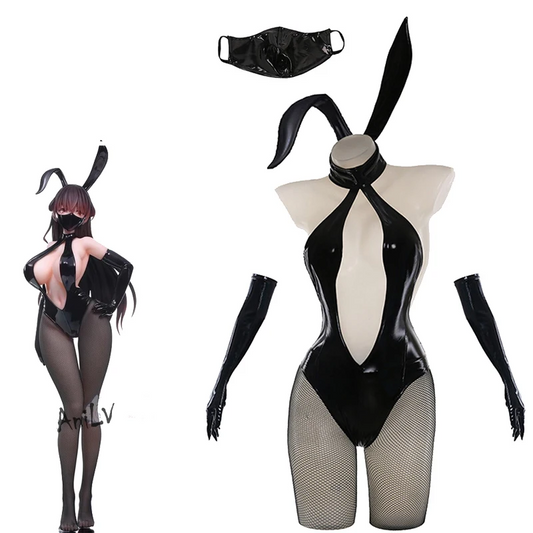 Japanese Bunny Girl Cosplay - Hollow V-Neck PU Leather Bodysuit - Black / XL - Women’s Clothing & Accessories