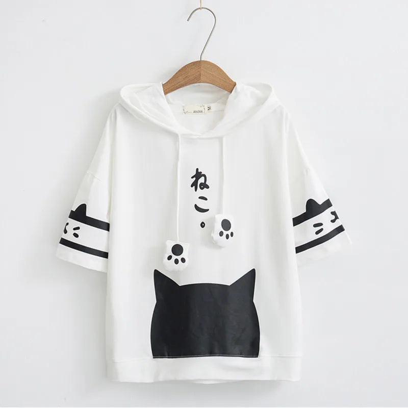 Japanese Neko Cat Short Sleeve Hoodie - White / M - Women’s Clothing & Accessories - Shirts & Tops - 2 - 2024