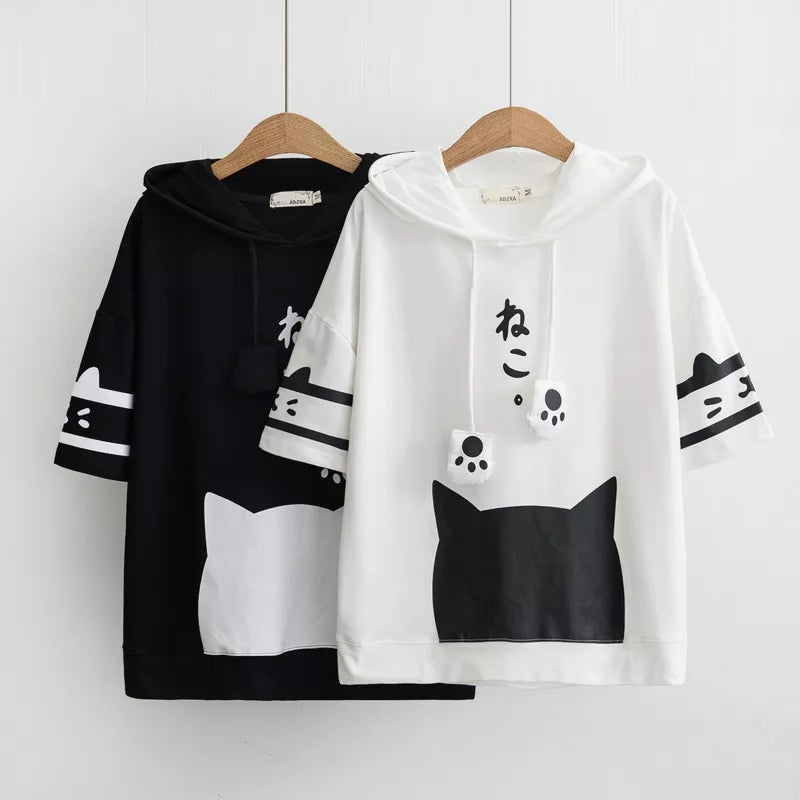 Japanese Neko Cat Short Sleeve Hoodie - Women’s Clothing & Accessories - Shirts & Tops - 1 - 2024