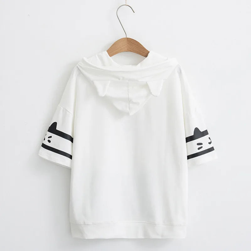 Japanese Neko Cat Short Sleeve Hoodie - Women’s Clothing & Accessories - Shirts & Tops - 4 - 2024