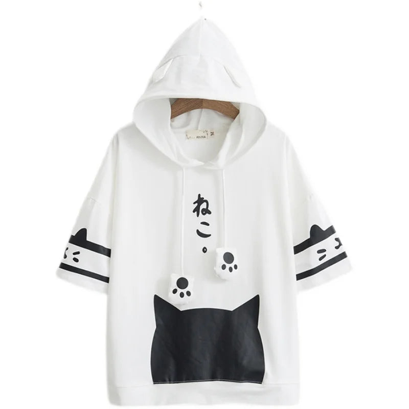Japanese Neko Cat Short Sleeve Hoodie - Women’s Clothing & Accessories - Shirts & Tops - 5 - 2024