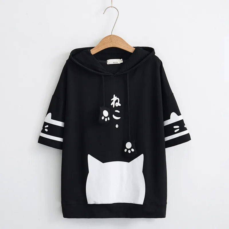 Japanese Neko Cat Short Sleeve Hoodie - Black / M - Women’s Clothing & Accessories - Shirts & Tops - 3 - 2024