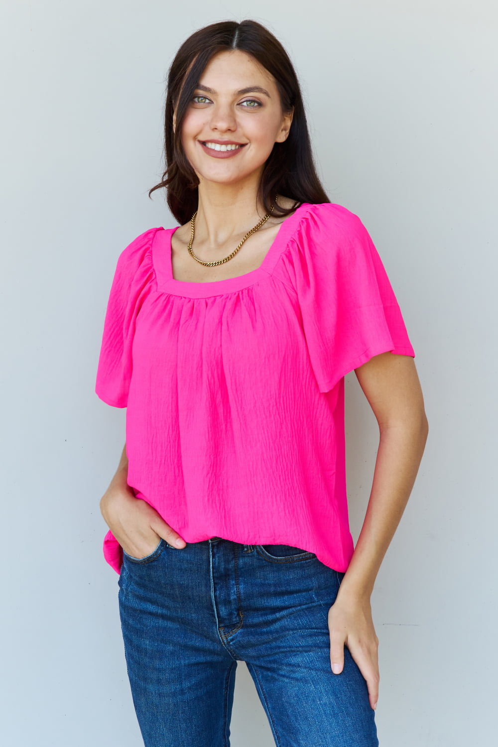 Keep Me Close Square Neck Short Sleeve Blouse in Fuchsia - Pink / S - Women’s Clothing & Accessories - Dresses - 1
