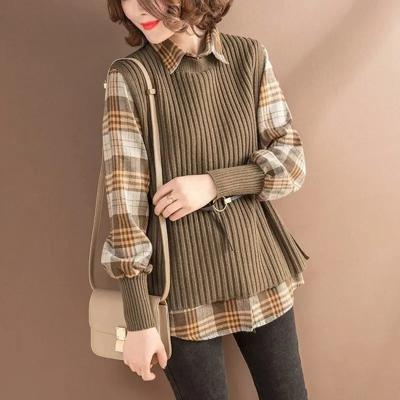 Knit Fusion Lapel Blouse - Brown / XS - Women’s Clothing & Accessories - Shirts & Tops - 1 - 2024
