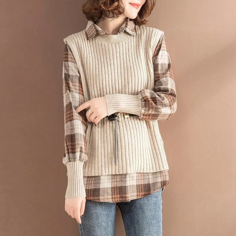 Knit Fusion Lapel Blouse - Beige / XS - Women’s Clothing & Accessories - Shirts & Tops - 3 - 2024