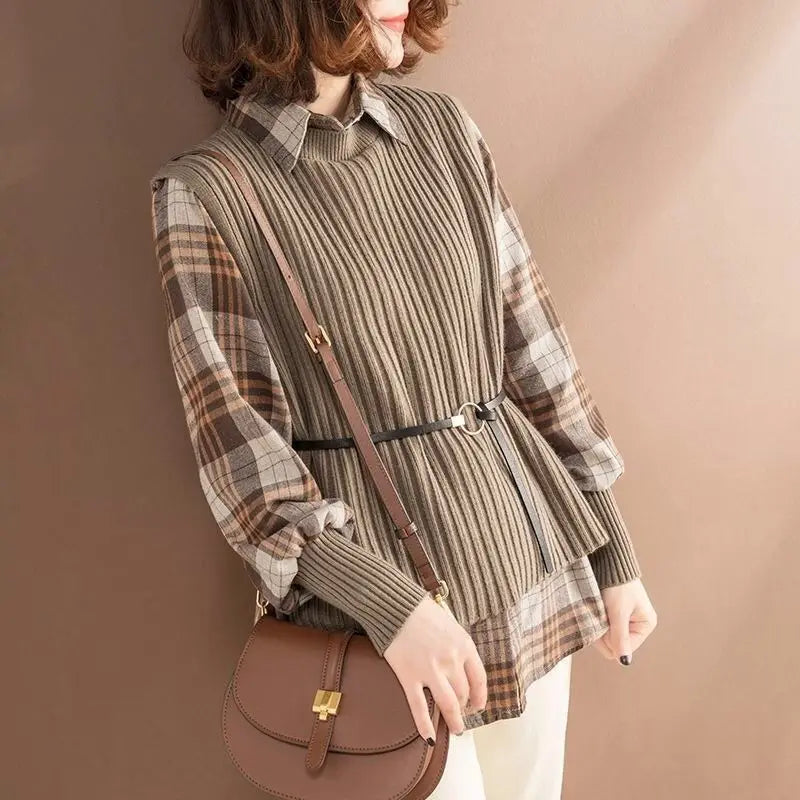 Knit Fusion Lapel Blouse - Khaki / XS - Women’s Clothing & Accessories - Shirts & Tops - 2 - 2024
