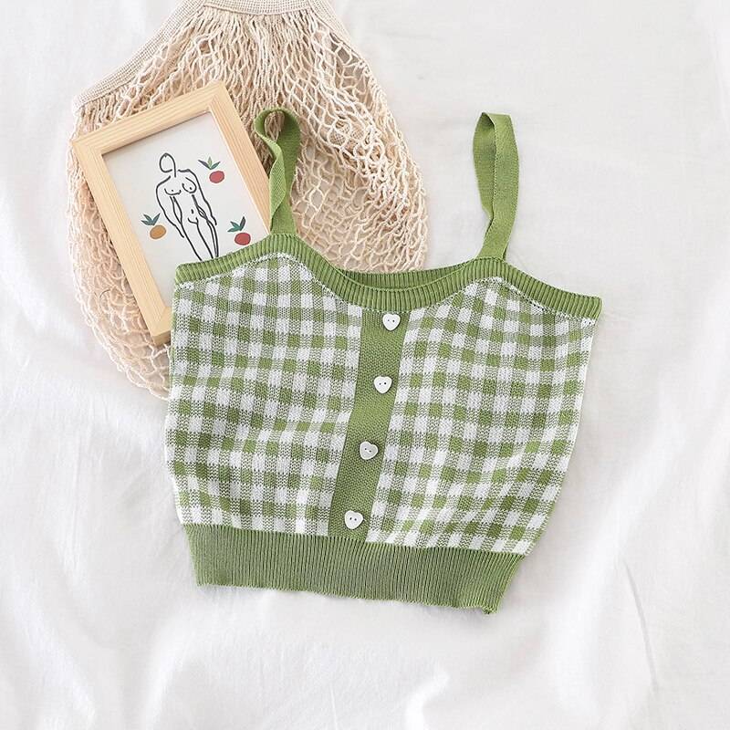 Knitted Plaid Crop Top - Green / One Size - Women’s Clothing & Accessories - Shirts & Tops - 14 - 2024