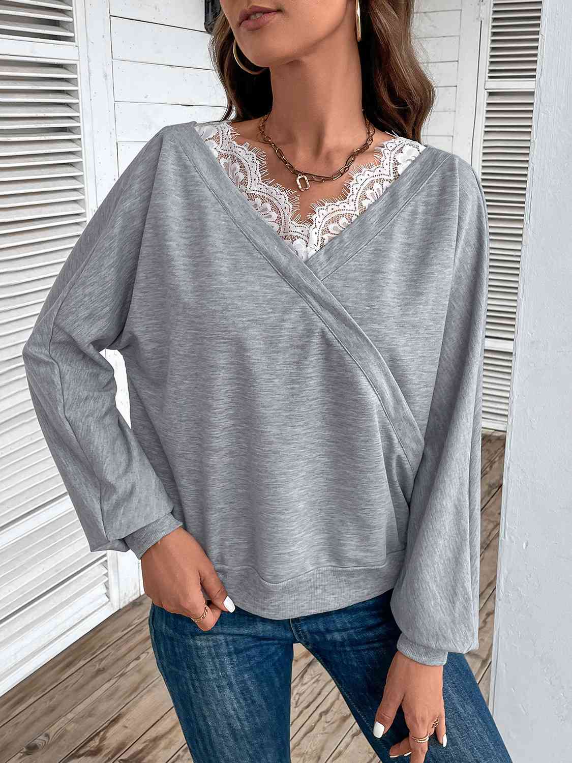 Lace Detail Long Sleeve Top - Cloudy Blue / S - Women’s Clothing & Accessories - Shirts & Tops - 1 - 2024