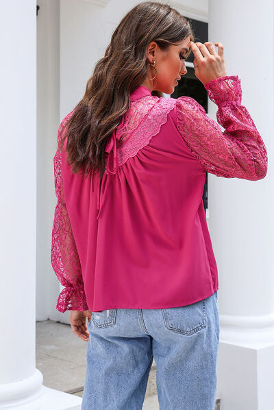 Lace Detail Mock Neck Flounce Sleeve Blouse - Women’s Clothing & Accessories - Shirts & Tops - 3 - 2024