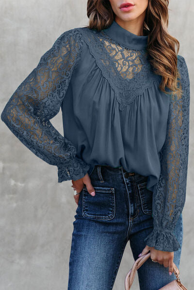 Lace Detail Mock Neck Flounce Sleeve Blouse - Dusty Blue / S - Women’s Clothing & Accessories - Shirts & Tops - 11