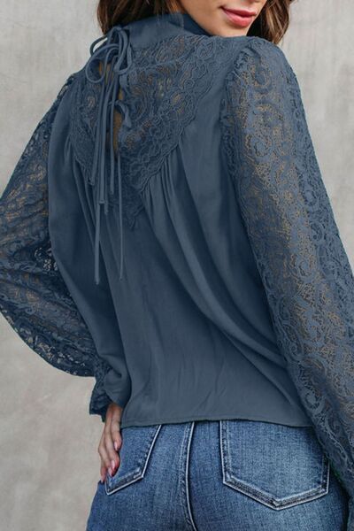 Lace Detail Mock Neck Flounce Sleeve Blouse - Women’s Clothing & Accessories - Shirts & Tops - 12 - 2024