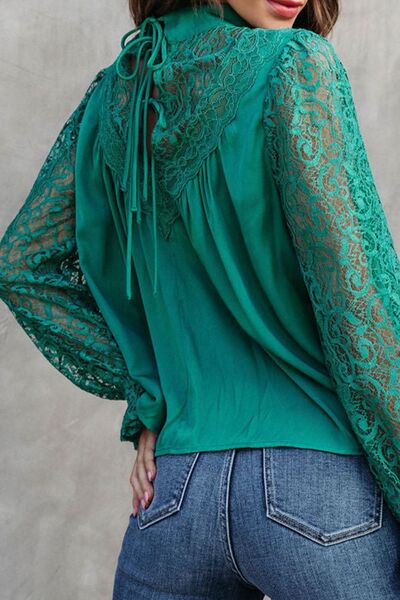 Lace Detail Mock Neck Flounce Sleeve Blouse - Women’s Clothing & Accessories - Shirts & Tops - 16 - 2024